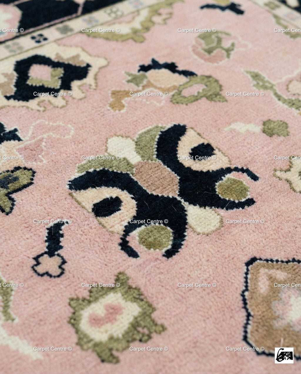 Hand Knotted Wool Oushak Rug, Blush Pink Geometric Floral, Black Border
