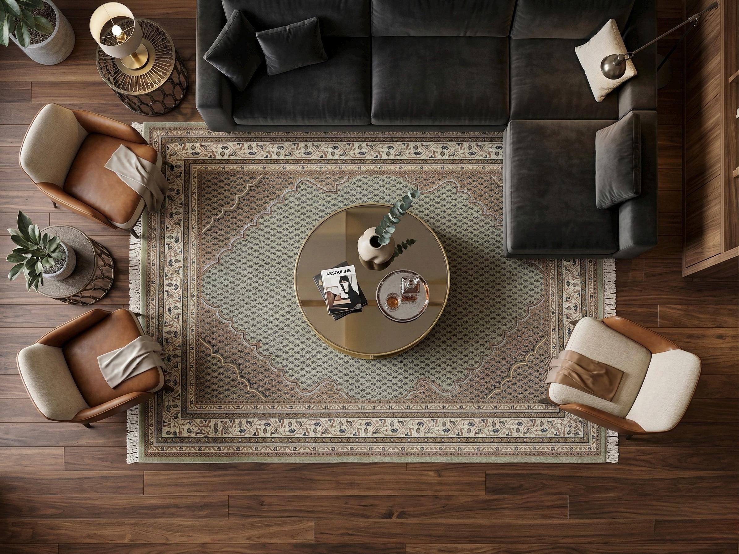 Hand-Knotted Wool Rug 7'9"x5'8", Sage Green Persian Boteh Style Carpet