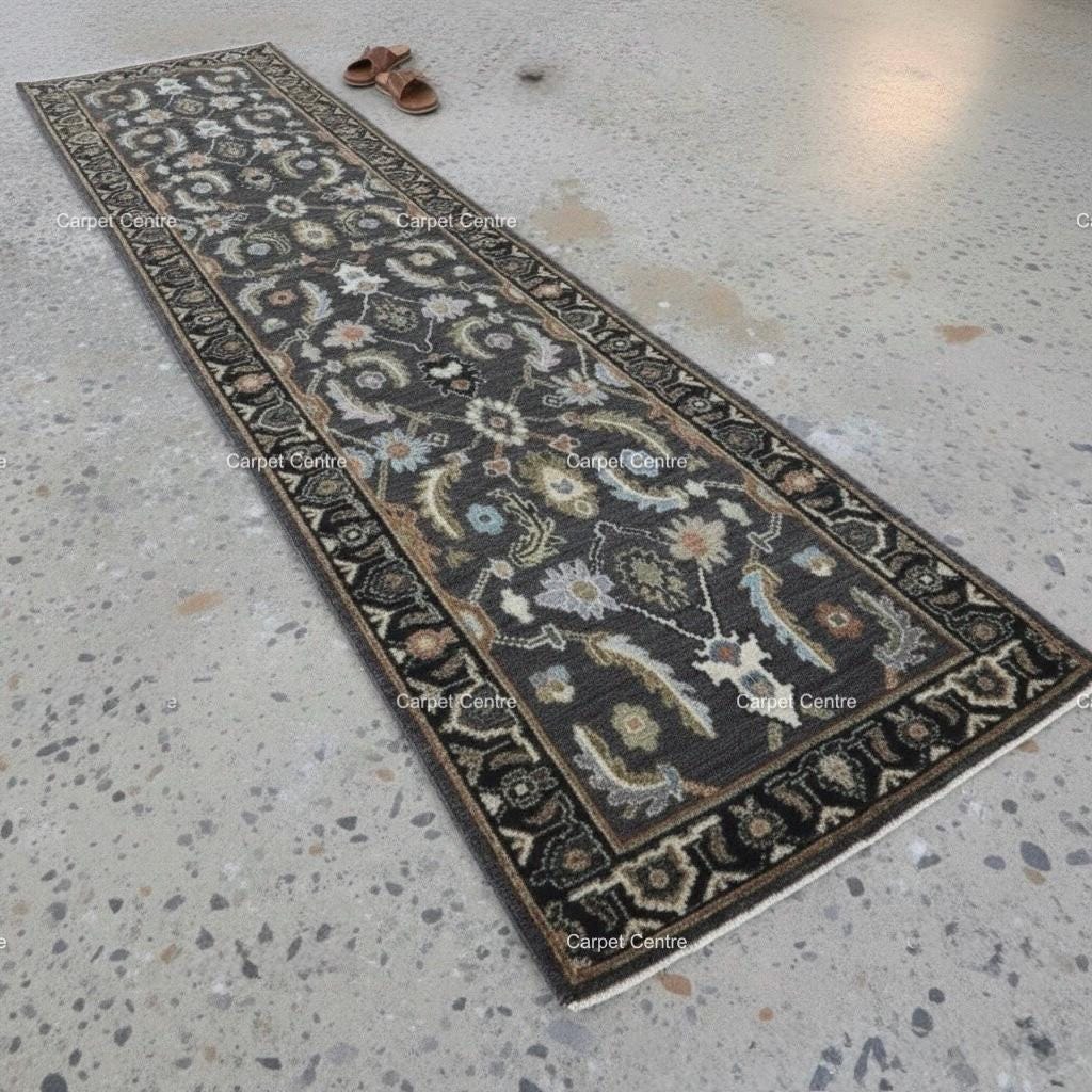 Hand-Knotted Wool Runner Rug, Charcoal Gray Traditional Floral Hallway Rug, 2x8