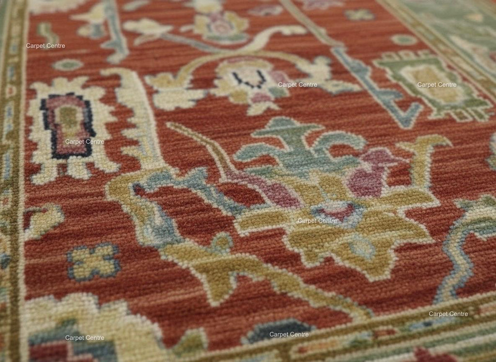 Hand-Knotted Terracotta Runner Rug, Wool Oushak Style, Sage Green