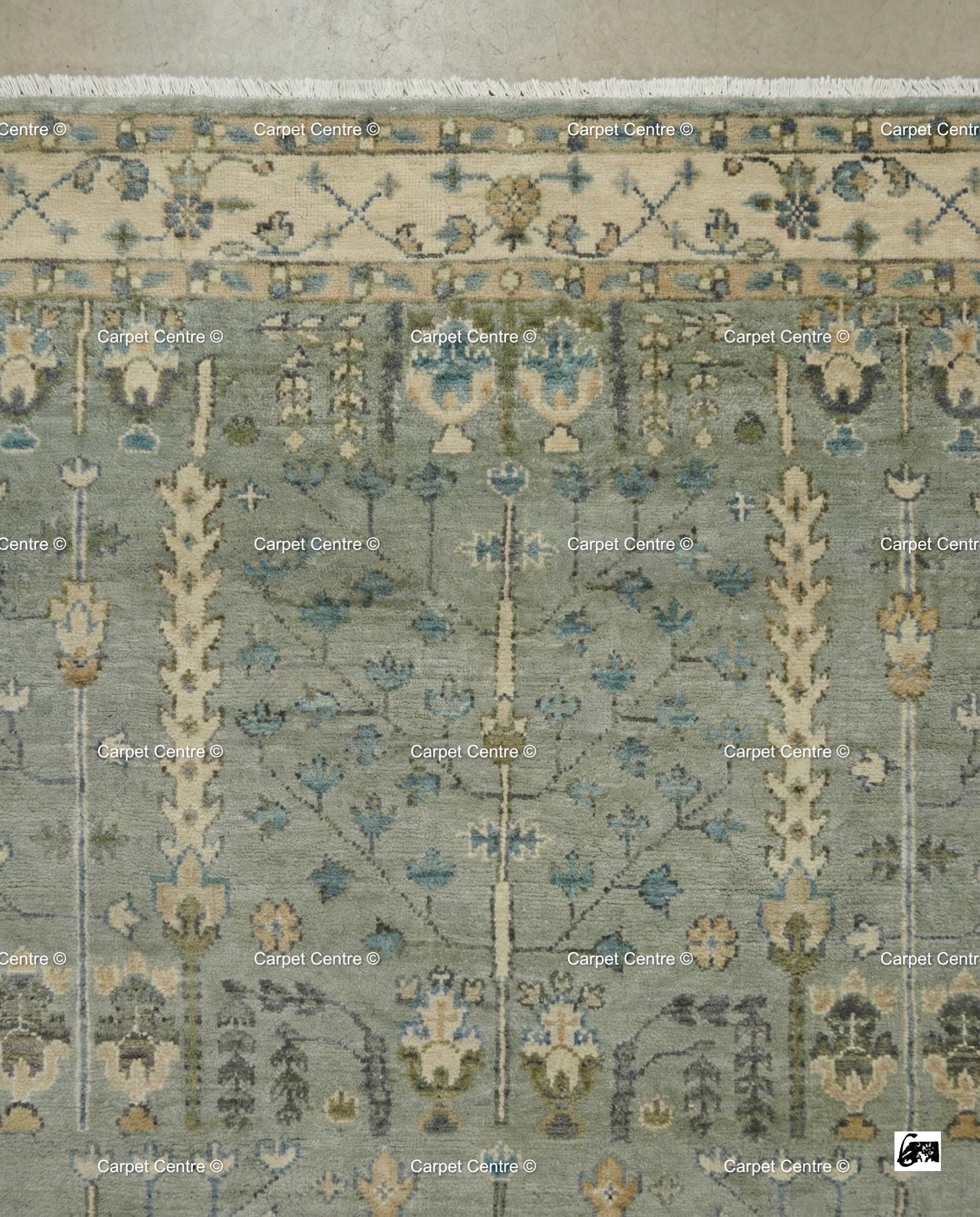 Hand Knotted Wool Oushak Rug, Muted Slate Blue Tree of Life Carpet