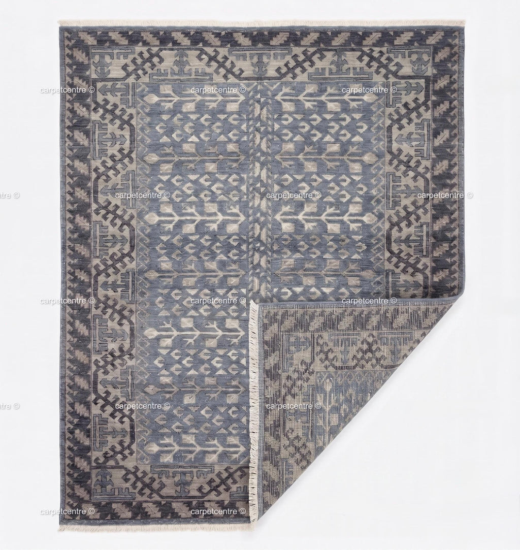 Hand Knotted Oushak Rug: Blue Tribal Wool, Turkish Design, Living Room Area Carpet