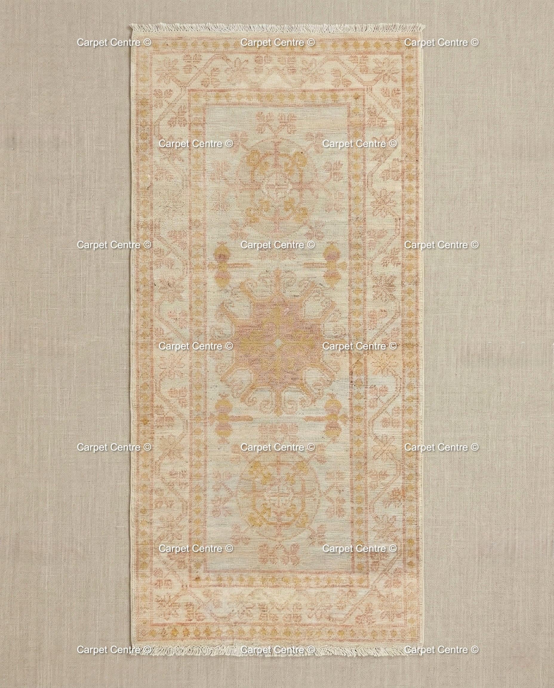 Custom Hand-Knotted Oushak Wool Runner Rug, Pink & Beige, 4x7 Foot ( Without Fringe )