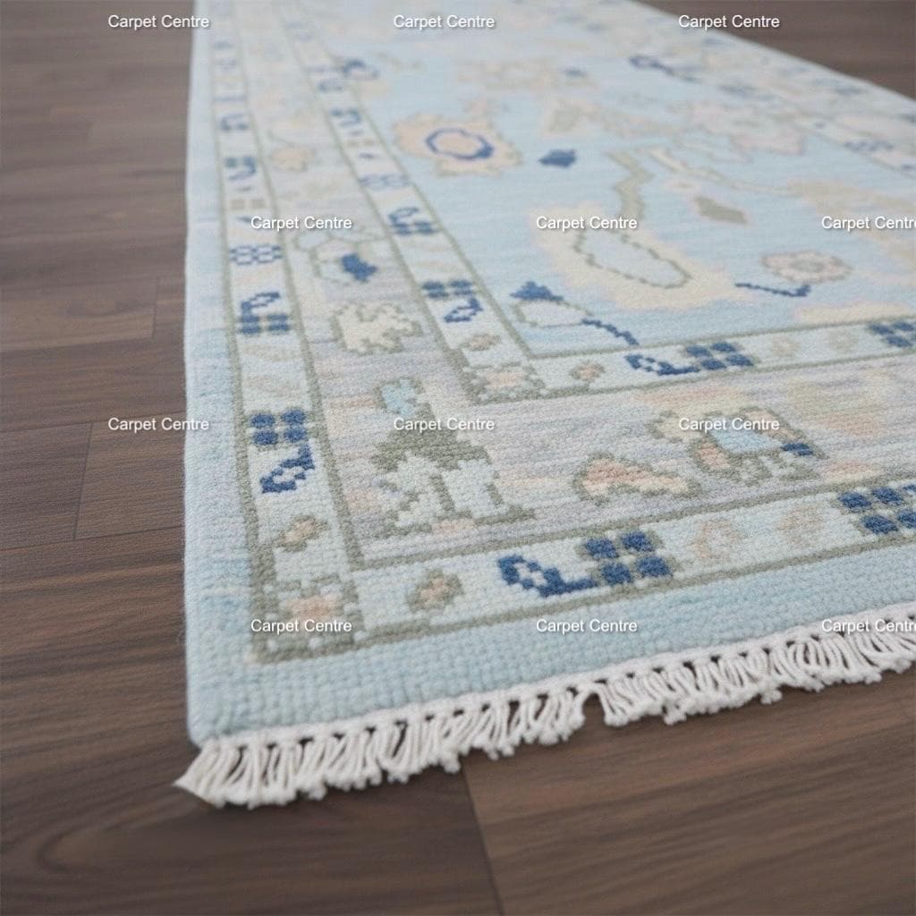Hand-Knotted Oushak Wool Runner Rug: Pale Blue Floral Medallion