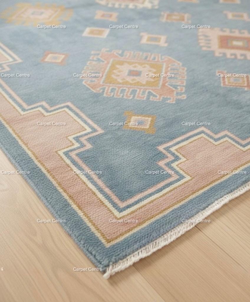 Hand-Knotted Wool Oushak Rug, Light Blue, Blush Pink Border