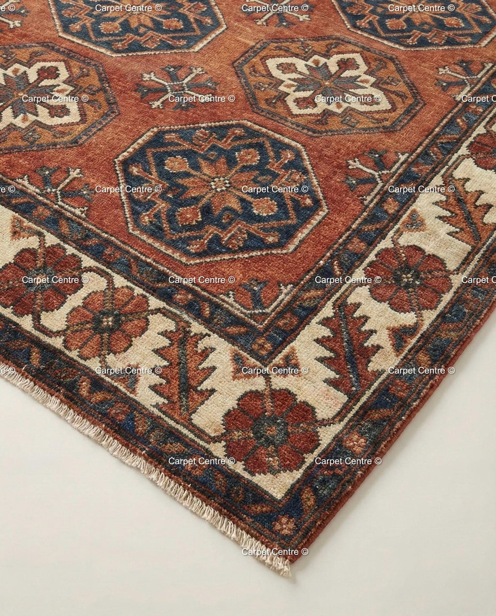 Hand Knotted Wool Oushak Rug, Terracotta Rust & Navy Geometric Carpet