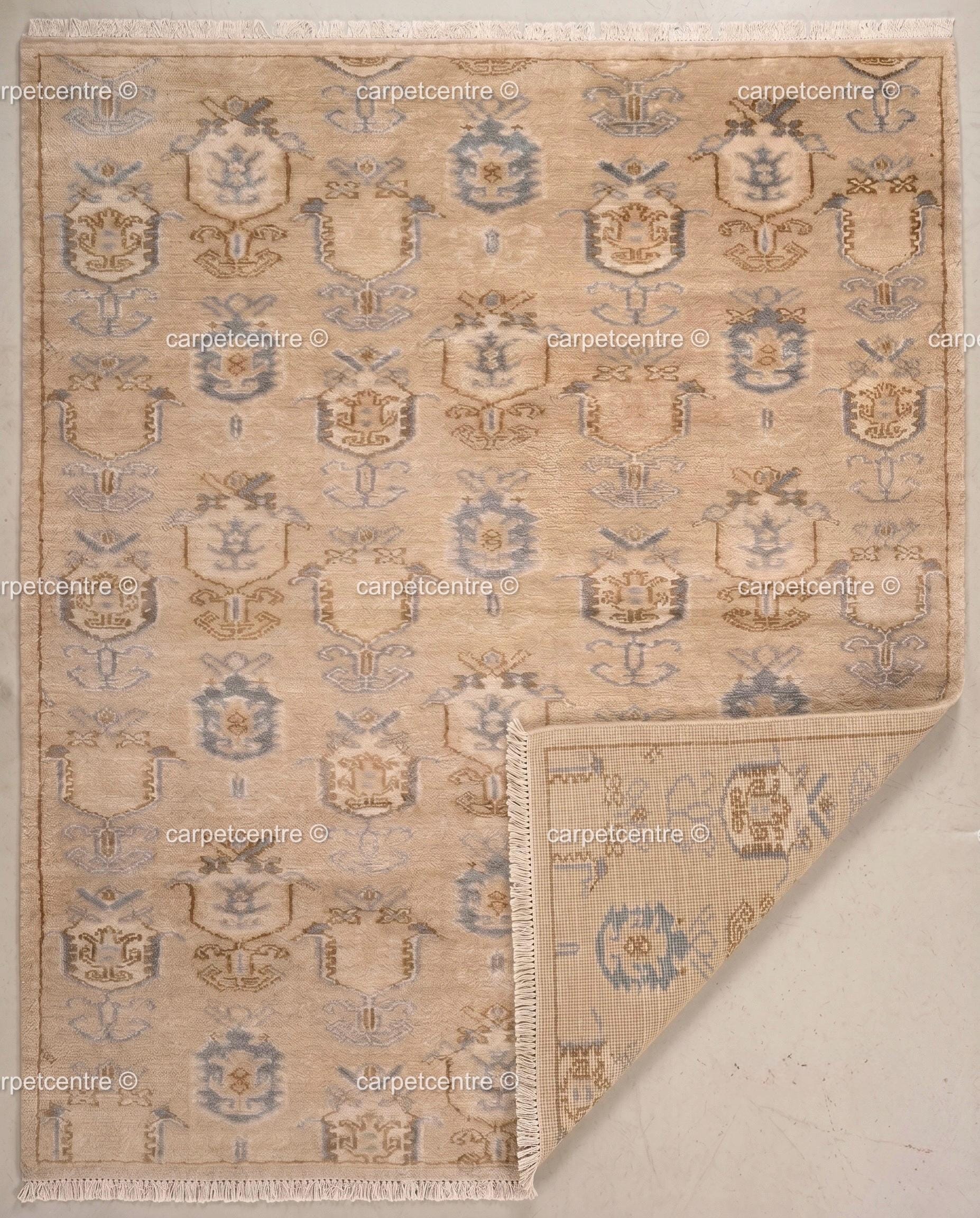Hand Knotted Oushak Rug, Beige Blue Wool Carpet, Vintage Boho Farmhouse Bedroom Rug