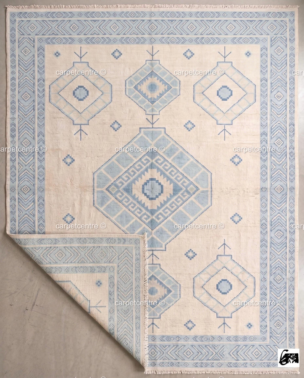 Hand-Knotted Wool Oushak Rug | Light Blue Cream Coastal Geometric Tribal Carpet