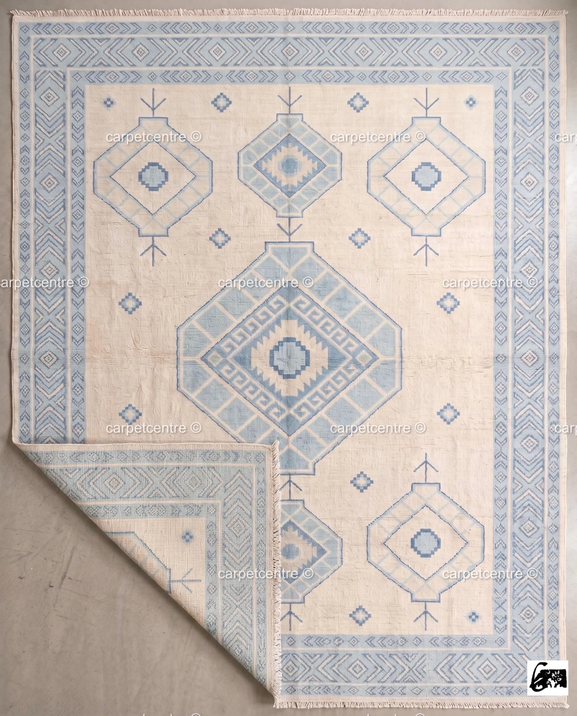Hand-Knotted Wool Oushak Rug | Light Blue Cream Coastal Geometric Tribal Carpet