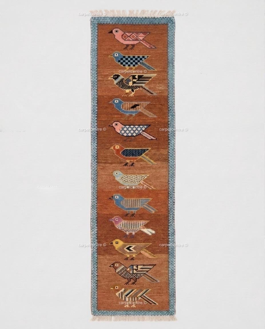 Handmade Wool Runner Rug Folk Art Bird Design, Green Carpet, Hallway-Entryway-Kitchen-Bathroom Runner