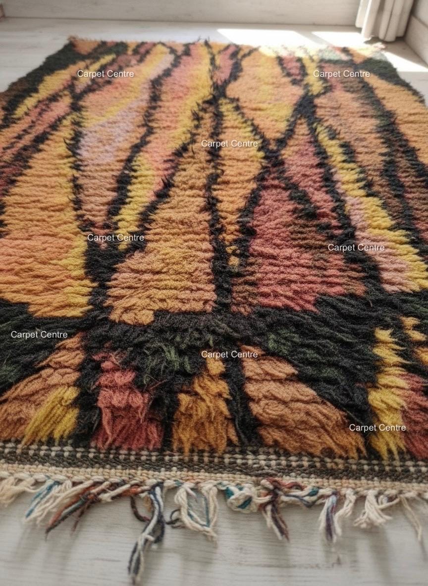 Handmade Moroccan Shag Rug, Rust Orange Wool Tulu Rug, Geometric Boho Decor