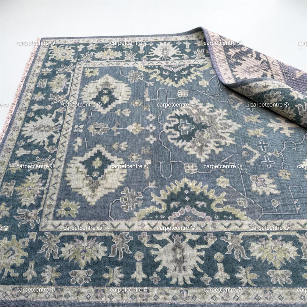 Muted Blue Oushak Rug | Vintage Geometric Turkish Wool Area Rug