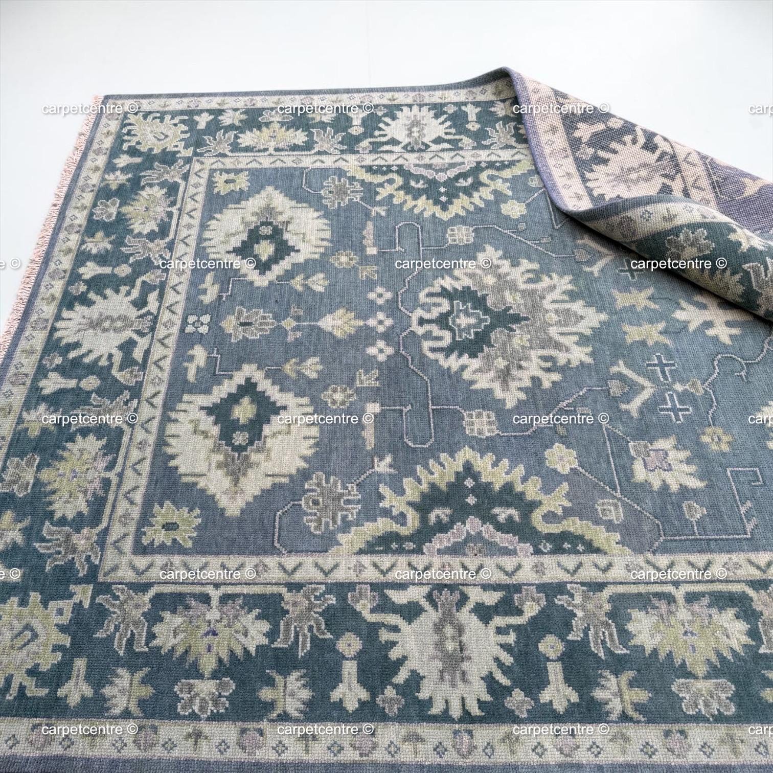 Muted Blue Oushak Rug | Vintage Geometric Turkish Wool Area Rug