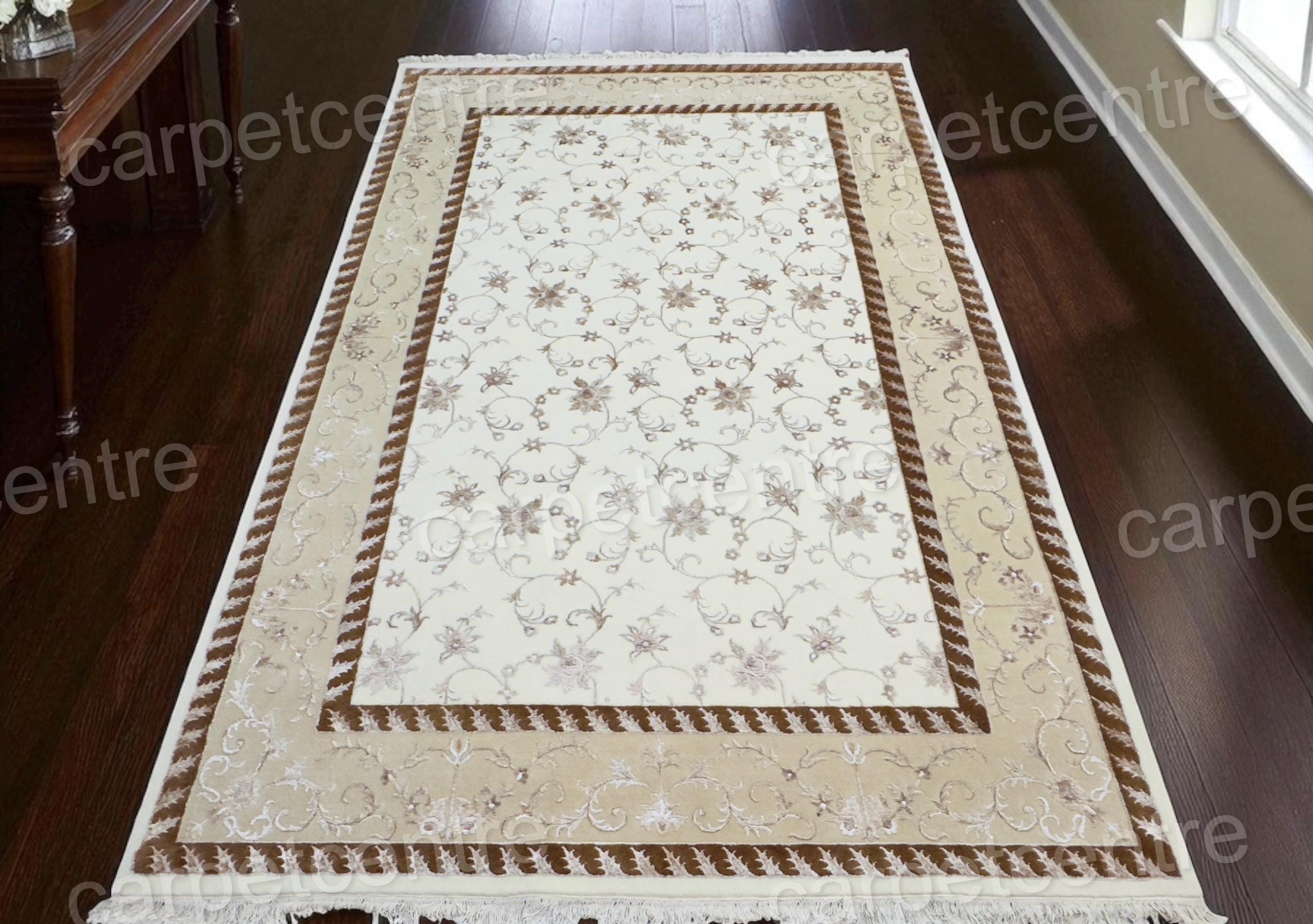 Vintage Beige Floral Wool Rug: Handwoven Indian Art Silk Carpet
