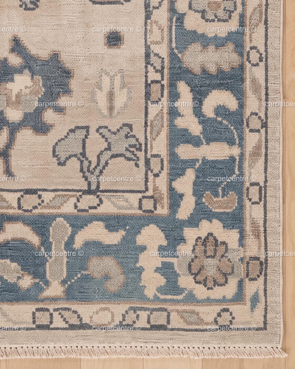 Muted Blue Beige Oushak Rug | Hand Knotted Wool Turkish Area Rug