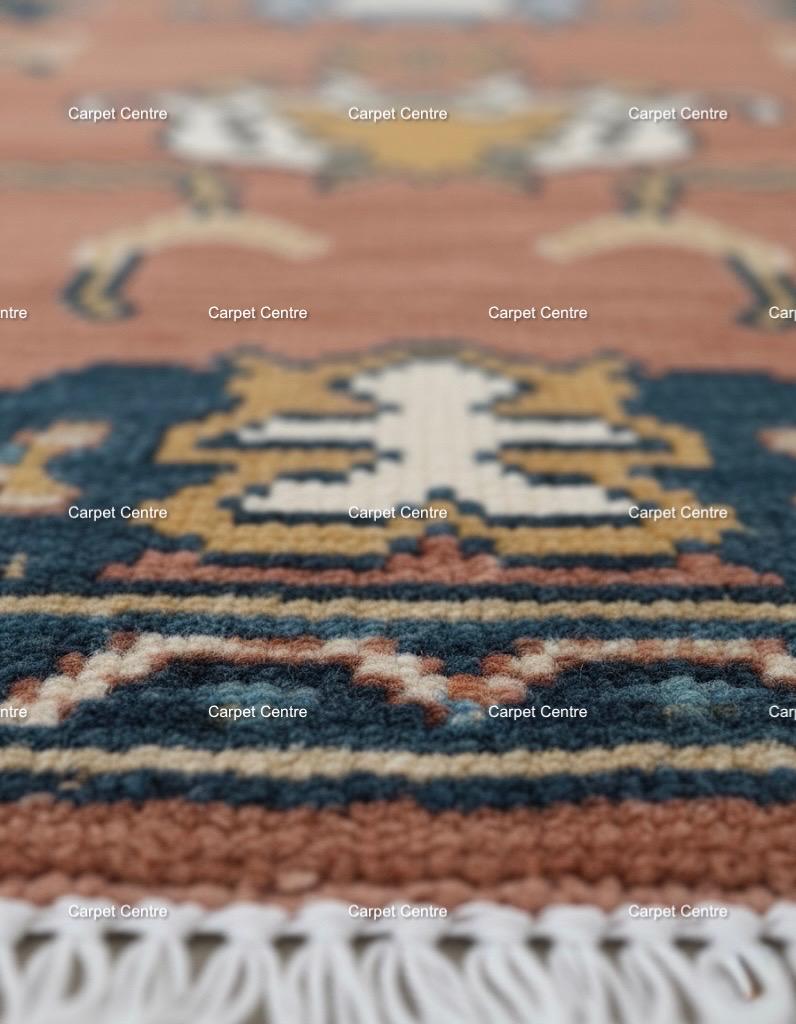 Hand-Knotted Wool Runner Rug, Terracotta Oushak Style, Teal Border