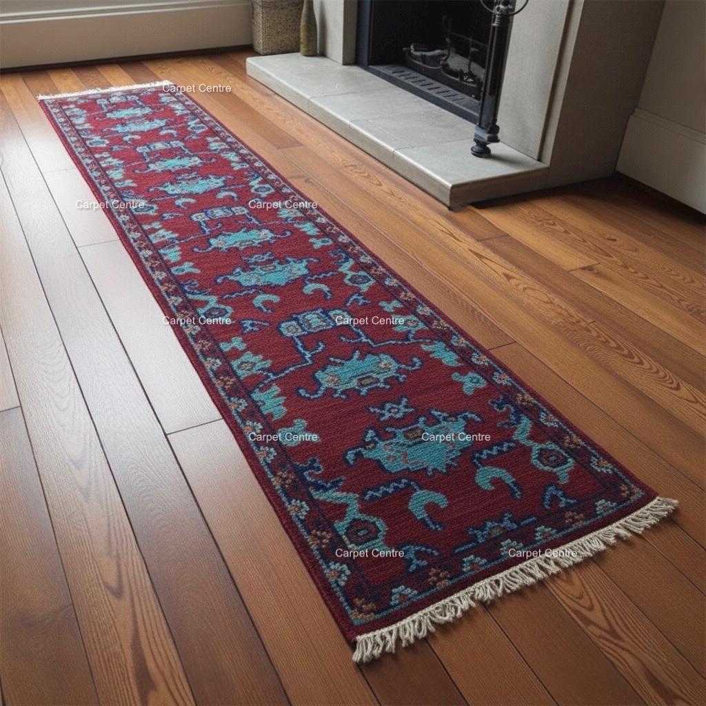 Maroon Oushak Runner Rug, Handwoven Wool Teal Tribal Design