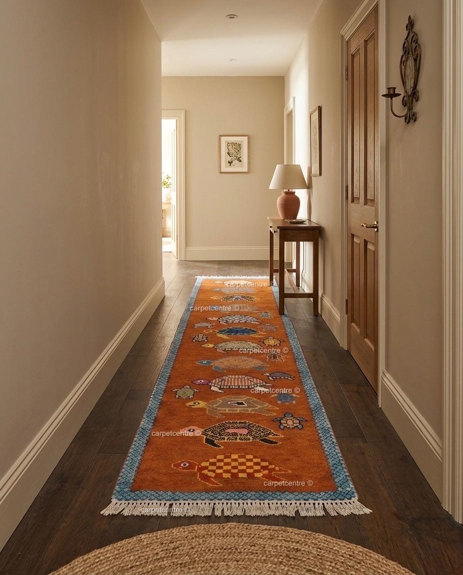 Handmade Wool Runner Rug – Rust Orange Tortoise Turtle Design, Coastal Hallway Carpet
