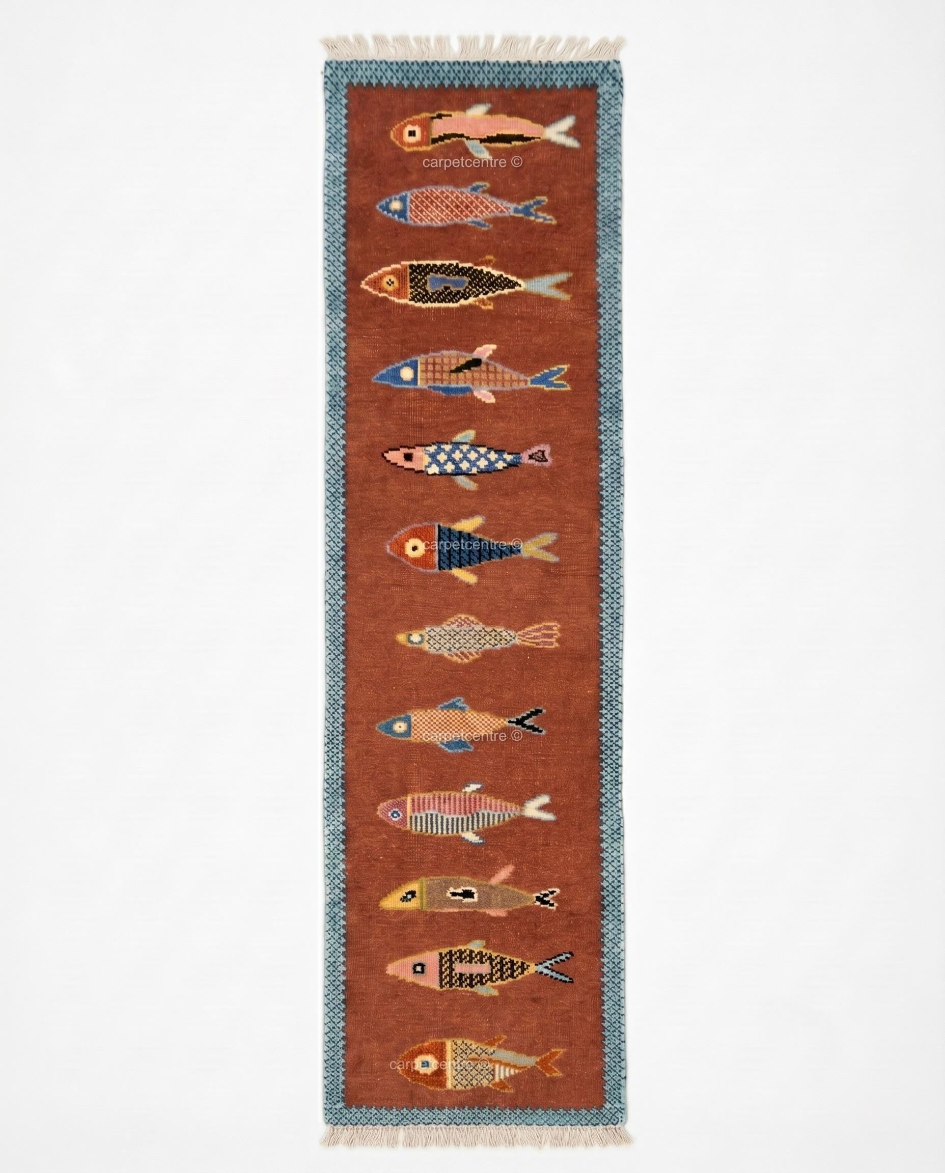 Hand-Knotted Wool Fish Runner Rug: Oushak Pictorial Coastal Style Area Carpet