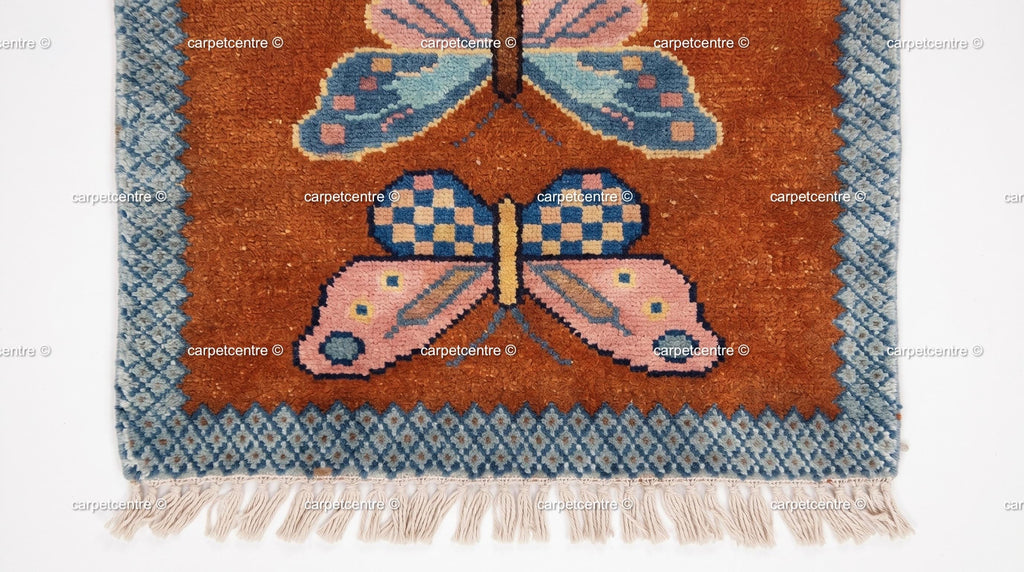 Handmade Wool Butterfly Runner Rug – Rust Orange Insect Motif Carpet