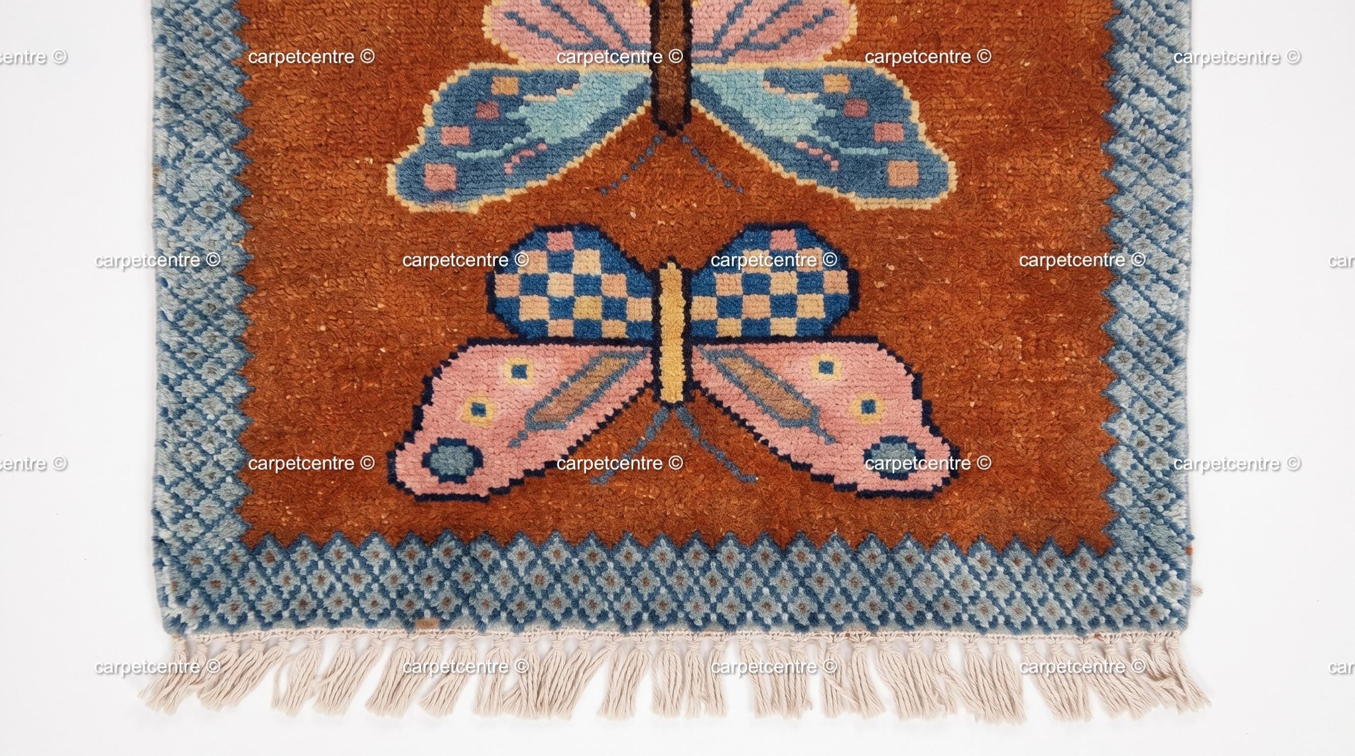 Handmade Wool Butterfly Runner Rug – Rust Orange Insect Motif Carpet