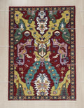 Red Oushak Rug, Hand-Knotted Wool, Geometric Kilim Design