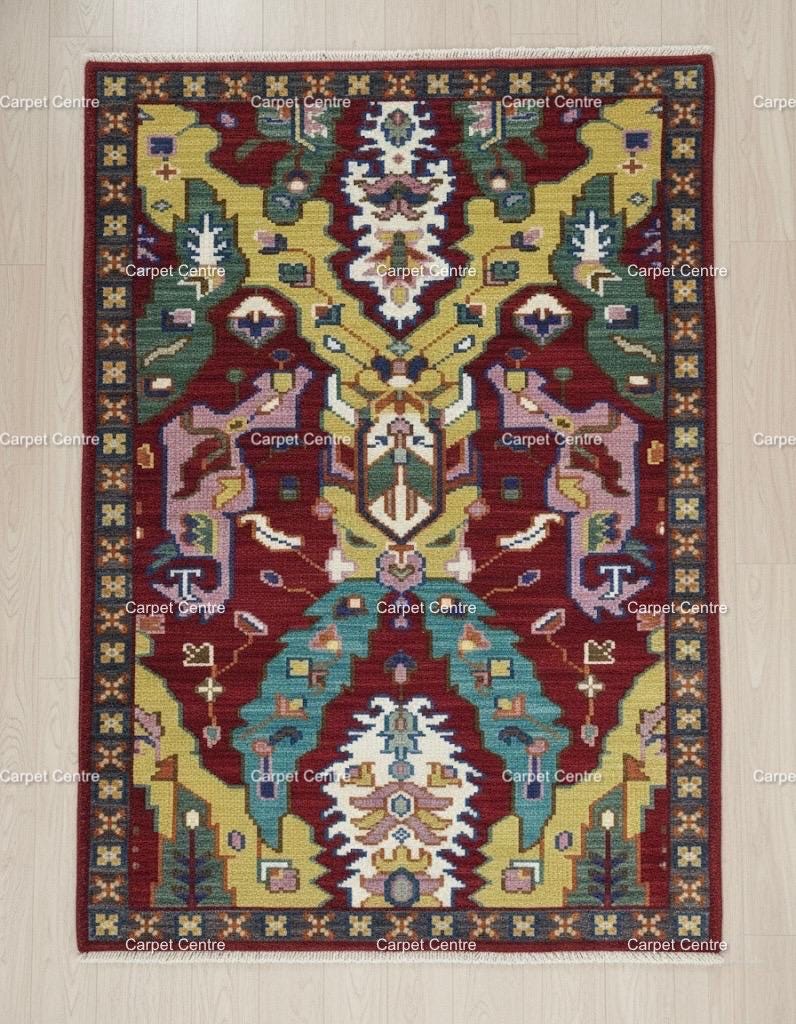 Red Oushak Rug, Hand-Knotted Wool, Geometric Kilim Design