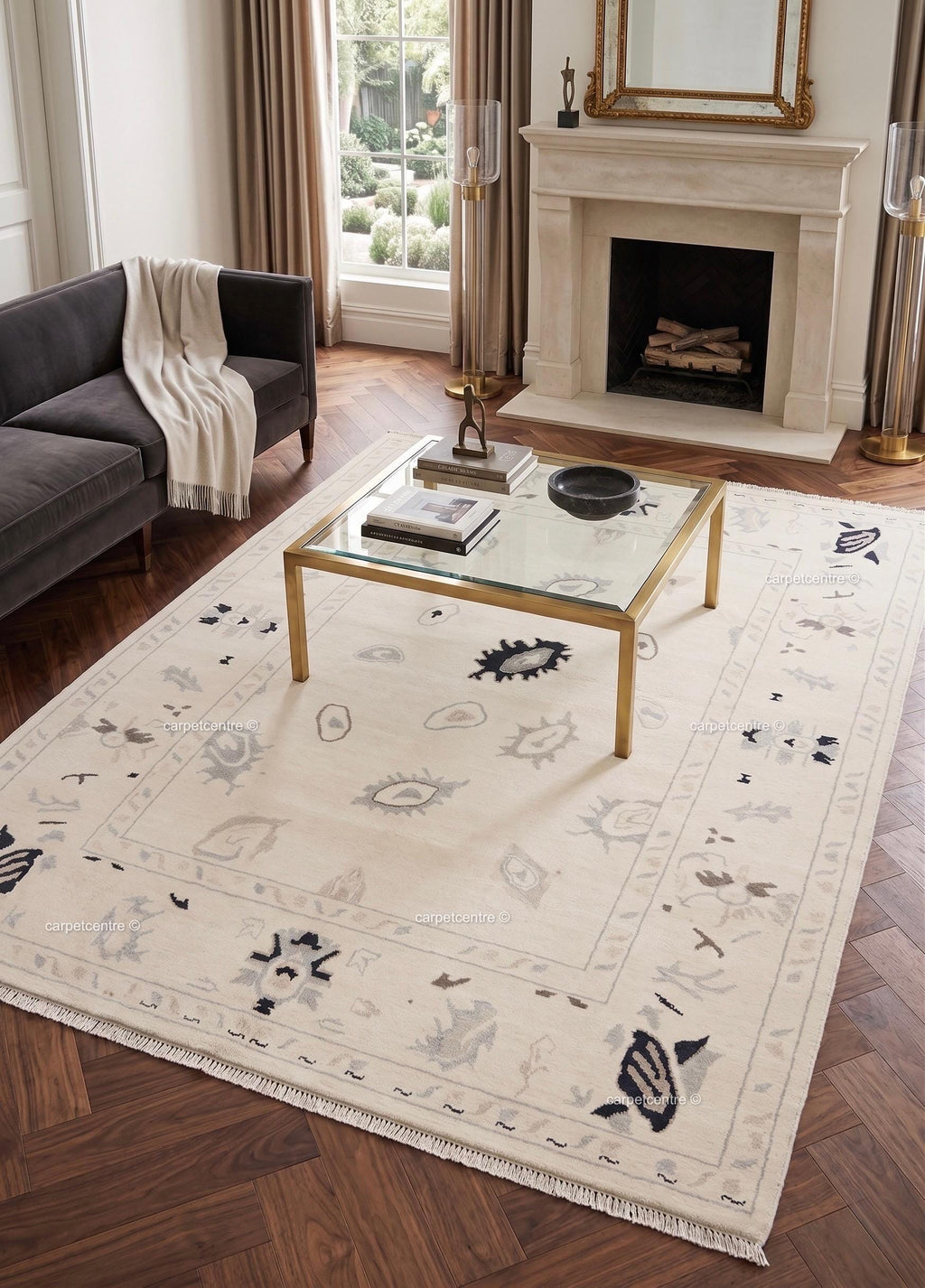 Neutral Oushak Rug | Hand-Knotted Wool Geometric Turkish Area Rug, Boho Decor