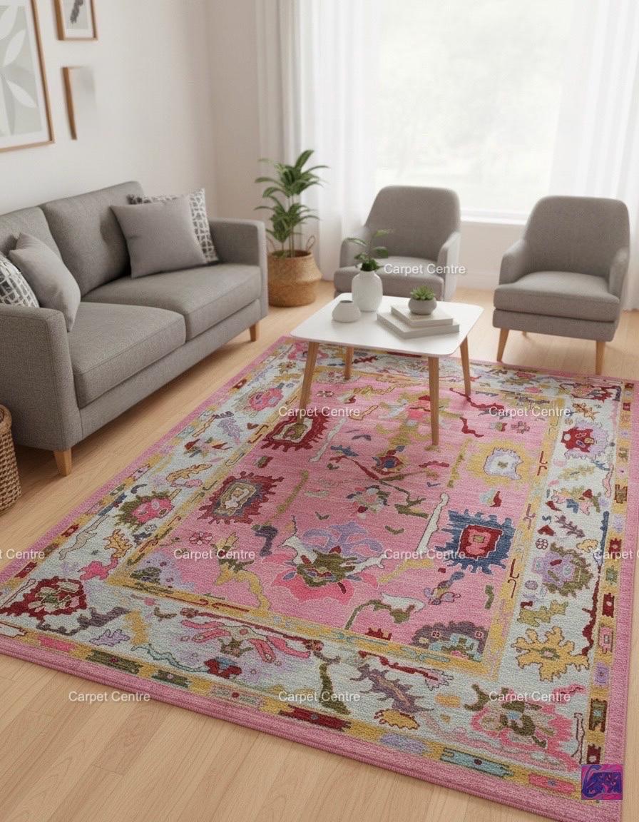 Pink Abstract Oushak Rug | Hand-Knotted Wool, Custom Sizes