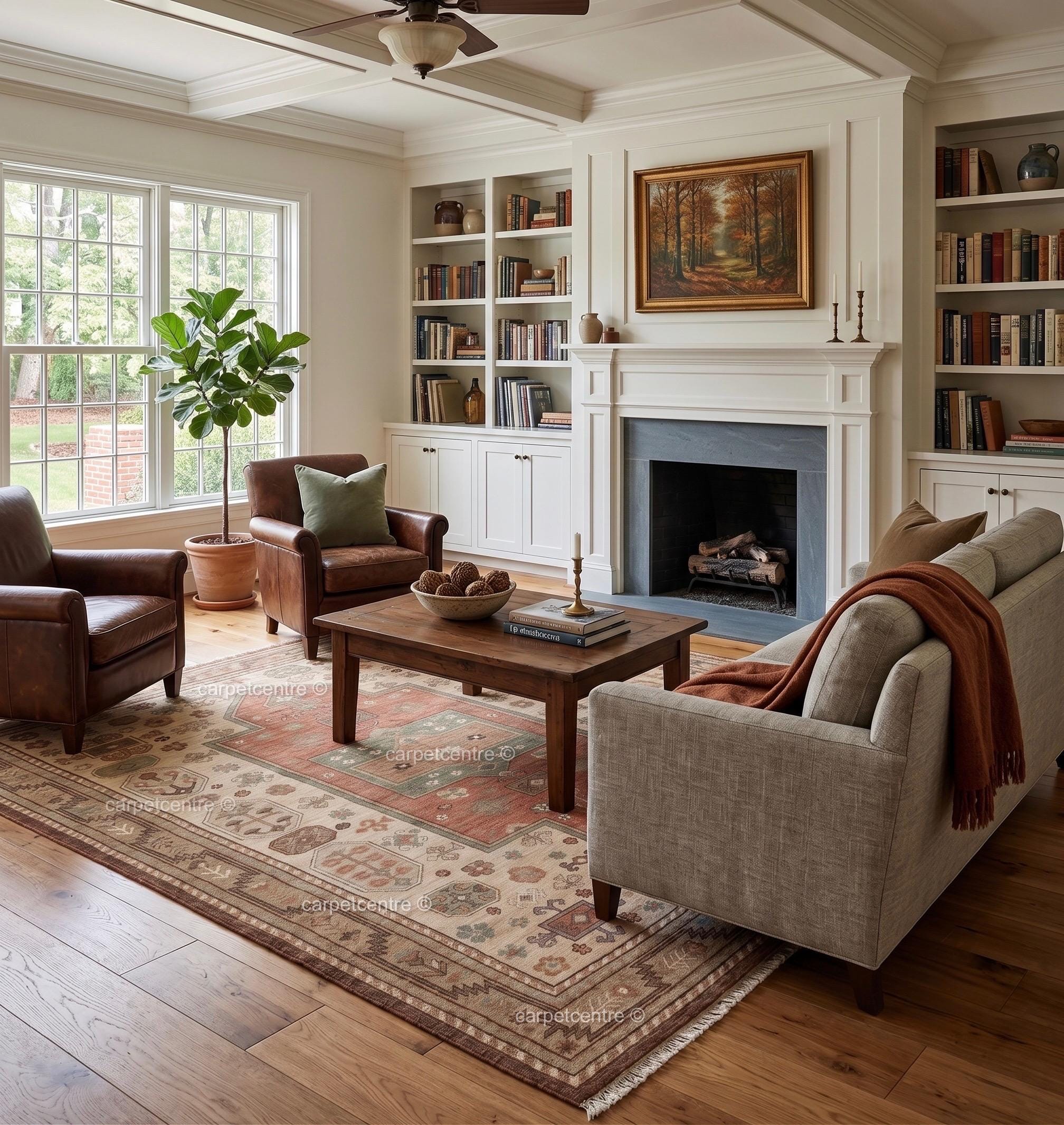Hand Knotted Oushak Rug: Terracotta Medallion, New Zealand Wool, Custom Size Area Carpet