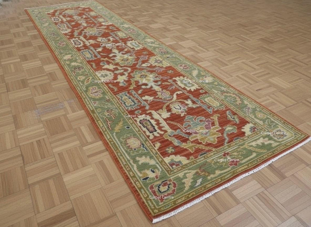 Hand-Knotted Terracotta Runner Rug, Wool Oushak Style, Sage Green