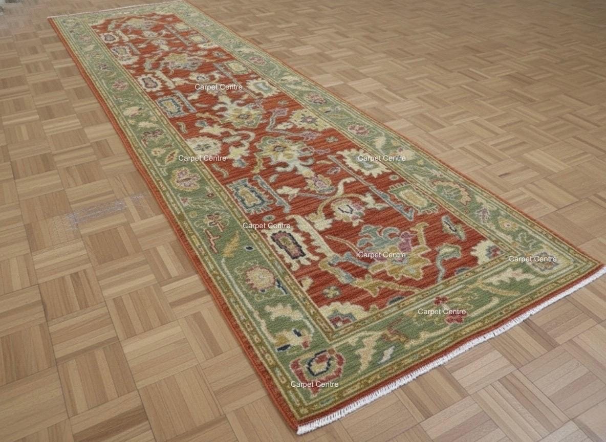 Hand-Knotted Terracotta Runner Rug, Wool Oushak Style, Sage Green
