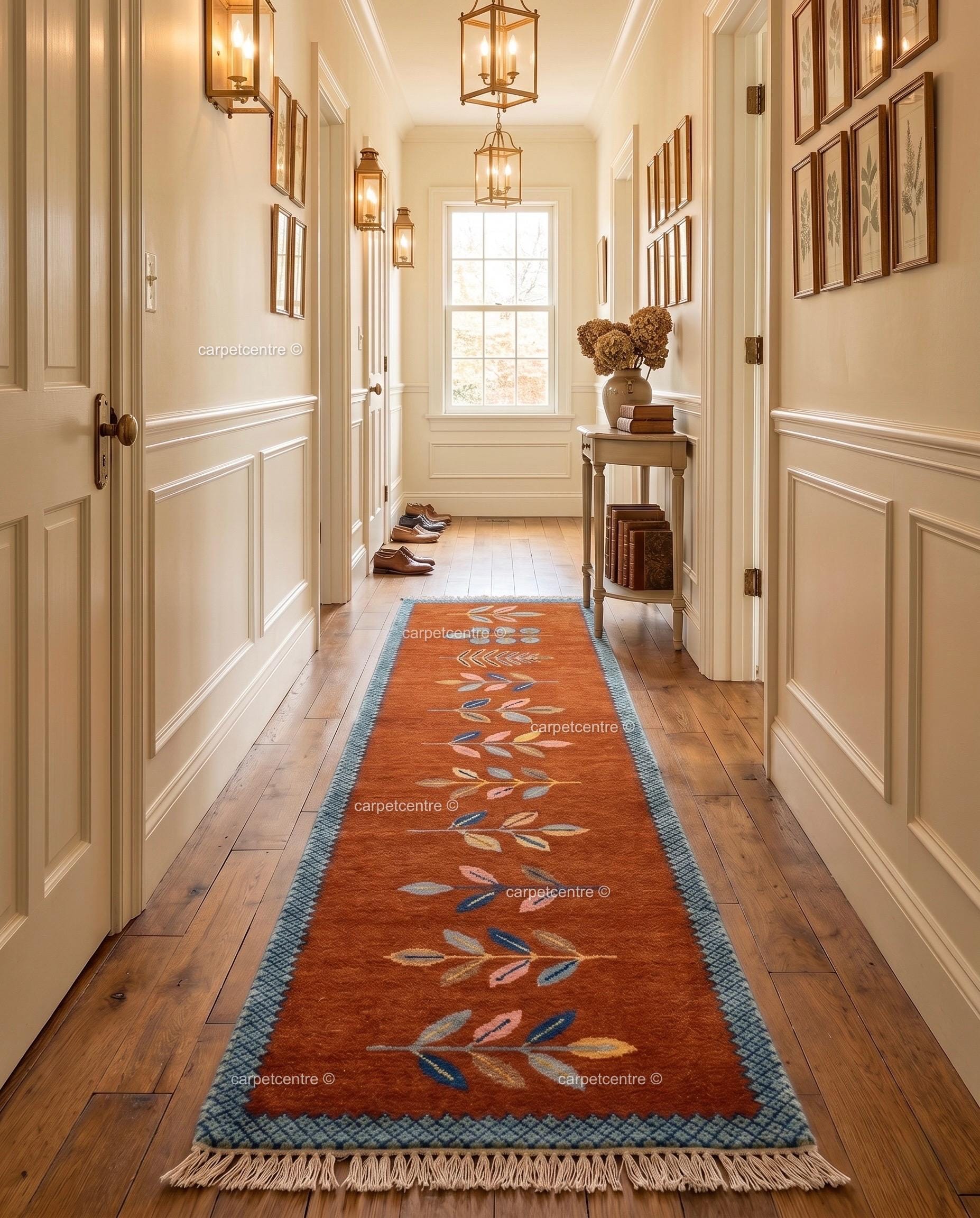 Botanical Leaf Runner Rug: Rust Orange Colorful Carpet Handmade Wool Area Rug
