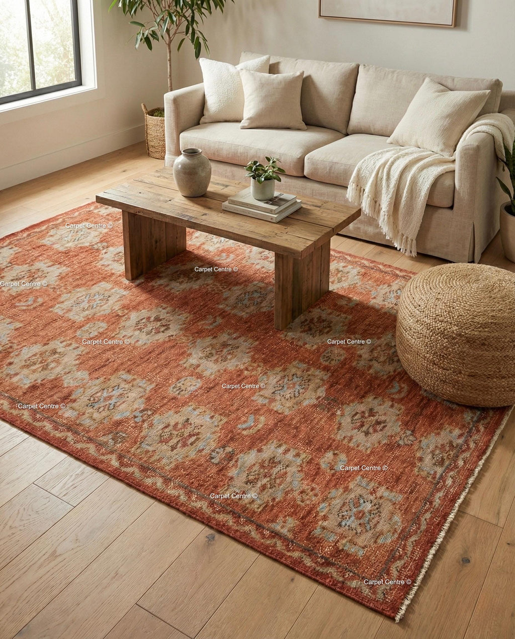 Hand-Knotted Oushak Rug – Terracotta Rust Wool Pile, Geometric Turkish Style 8x10 9x12 10x14 Area Rug Bedroom Living Room
