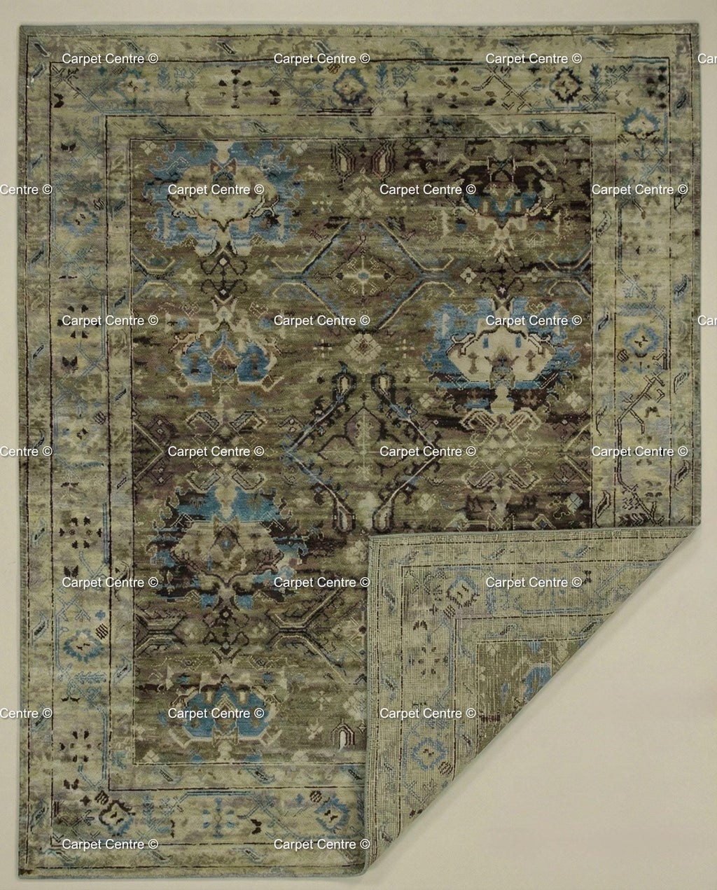 Hand Knotted Turkish Wool Rug, Olive Green Tribal Oushak, 8x10