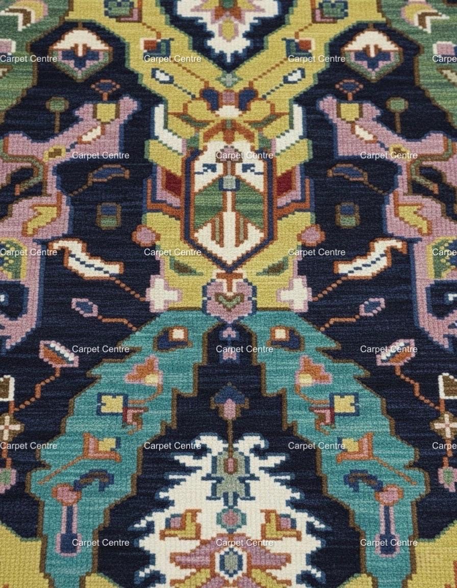 Navy Blue Oushak Rug, Hand-Knotted Wool, Geometric Boho Rug
