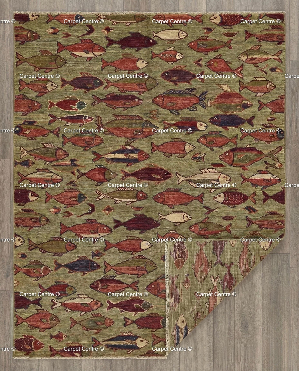 Hand Knotted Wool Fish Rug, Turkish Oushak Style, Lake House Decor