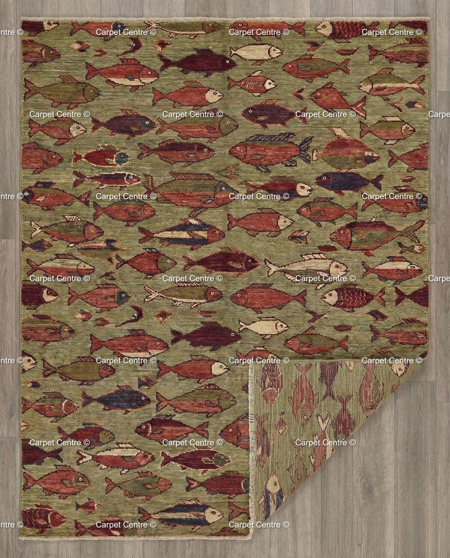 Hand Knotted Wool Fish Rug, Turkish Oushak Style, Lake House Decor