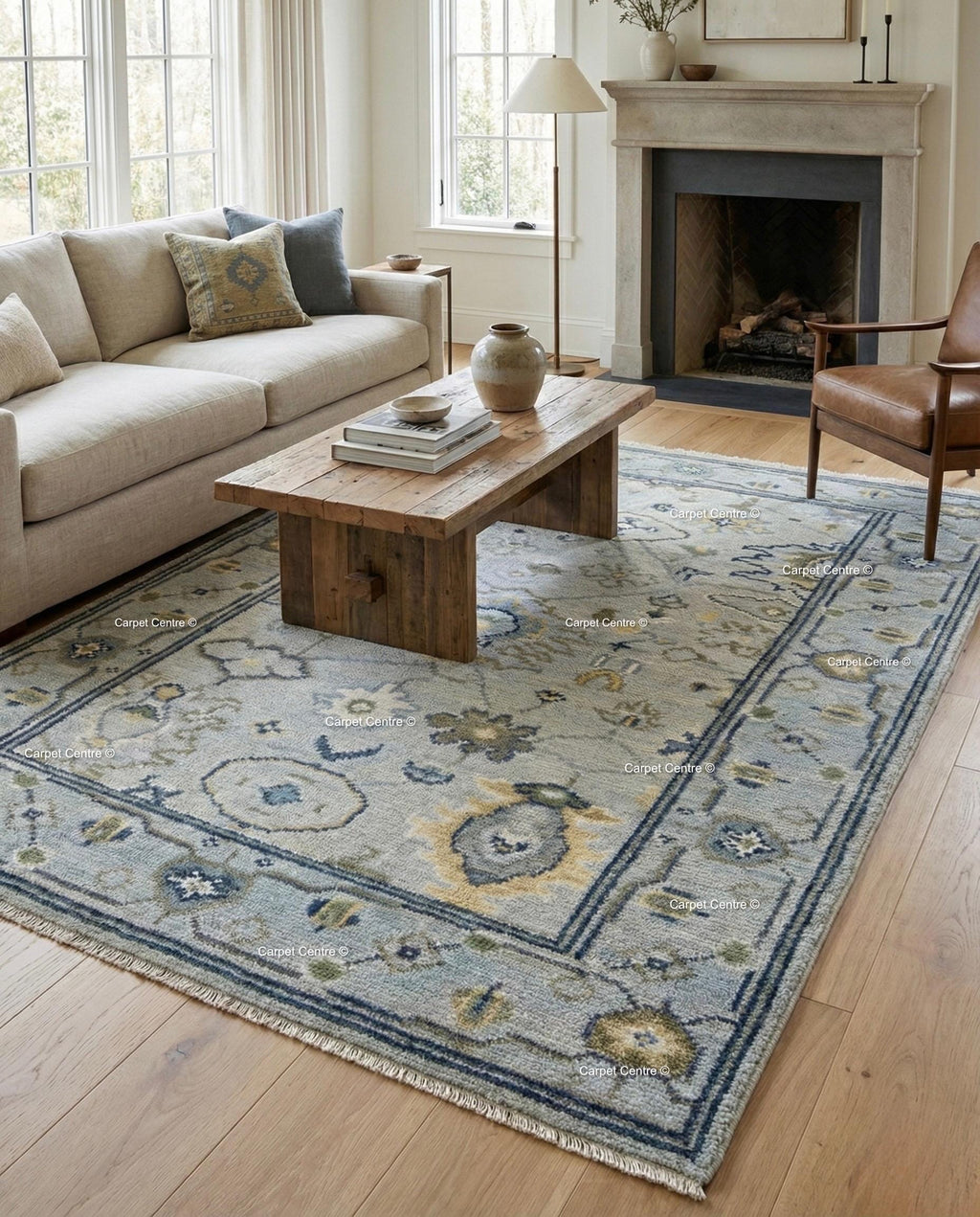 Slate Blue Oushak Rug, Turkish Knot Wool, Vintage Style Medallion