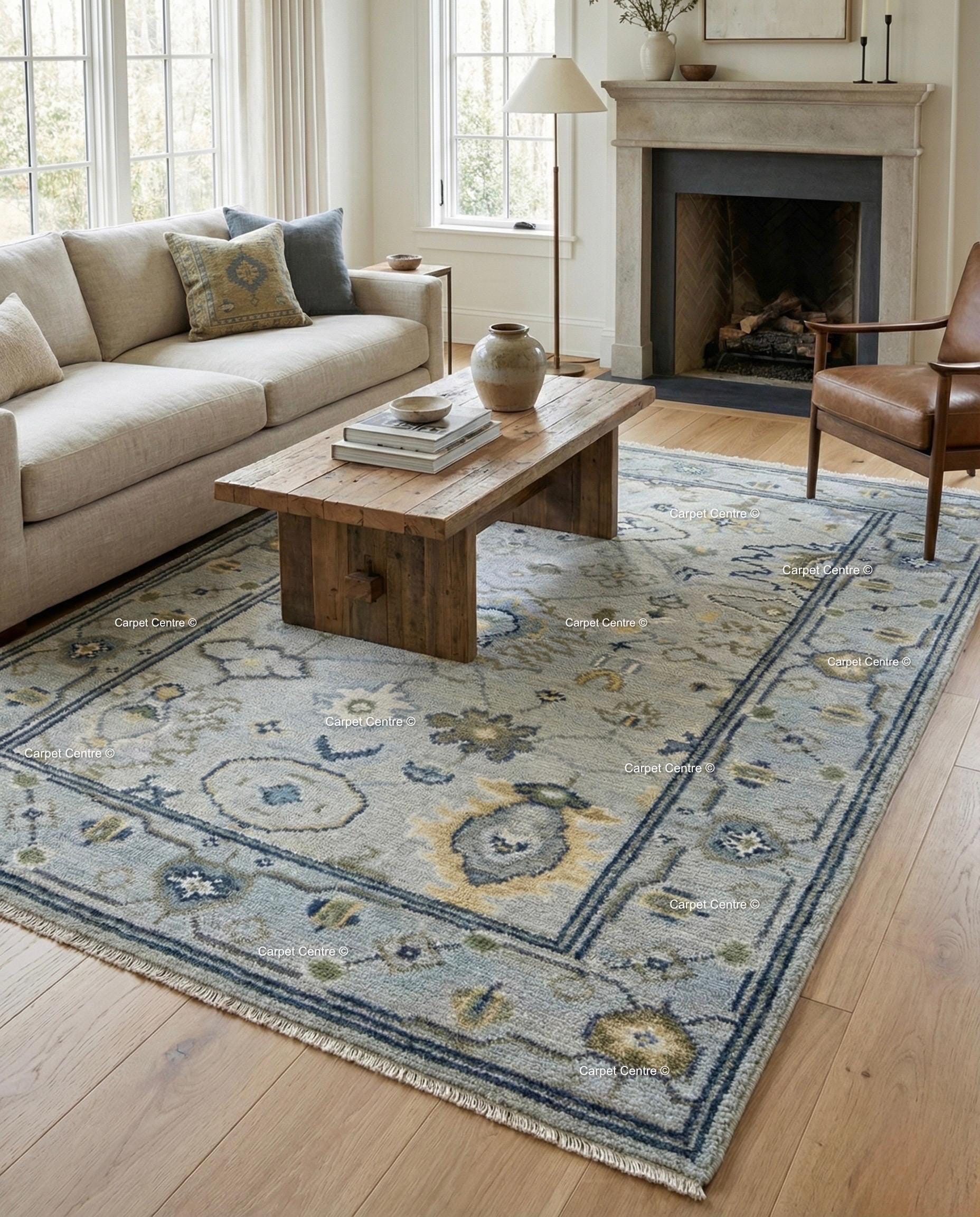 Slate Blue Oushak Rug, Turkish Knot Wool, Vintage Style Medallion