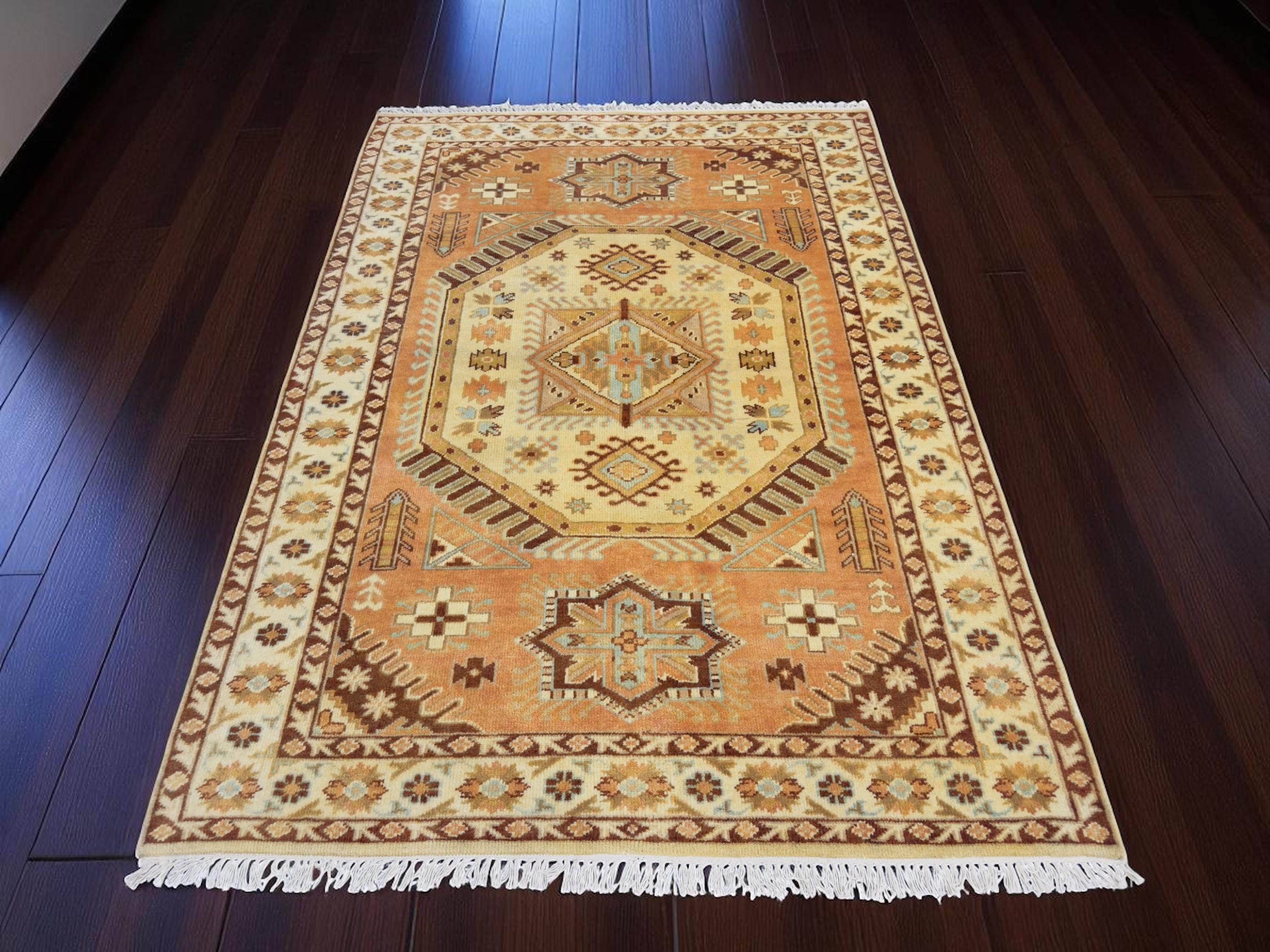 Hand-Knotted Wool Kazak Rug | Tribal Geometric Boho Carpet (7'x5')