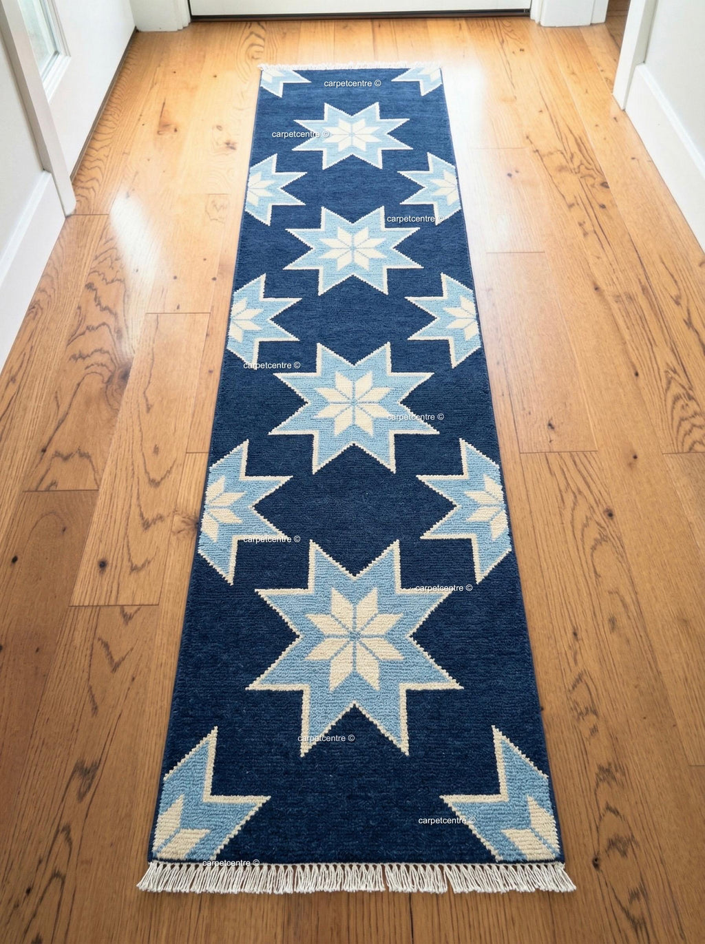 Terracotta Star Oushak Runner Rug | Geometric Navy Boho Hallway Entryway Rug