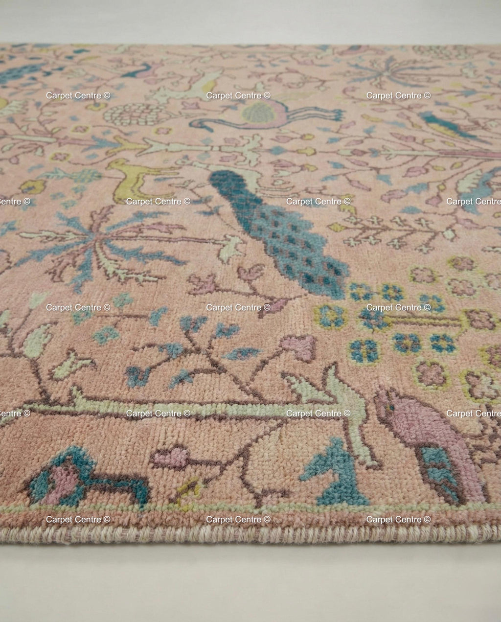 Blush Pink Wool Oushak Rug, Hand-Knotted Tree of Life Animal Nursery Rug