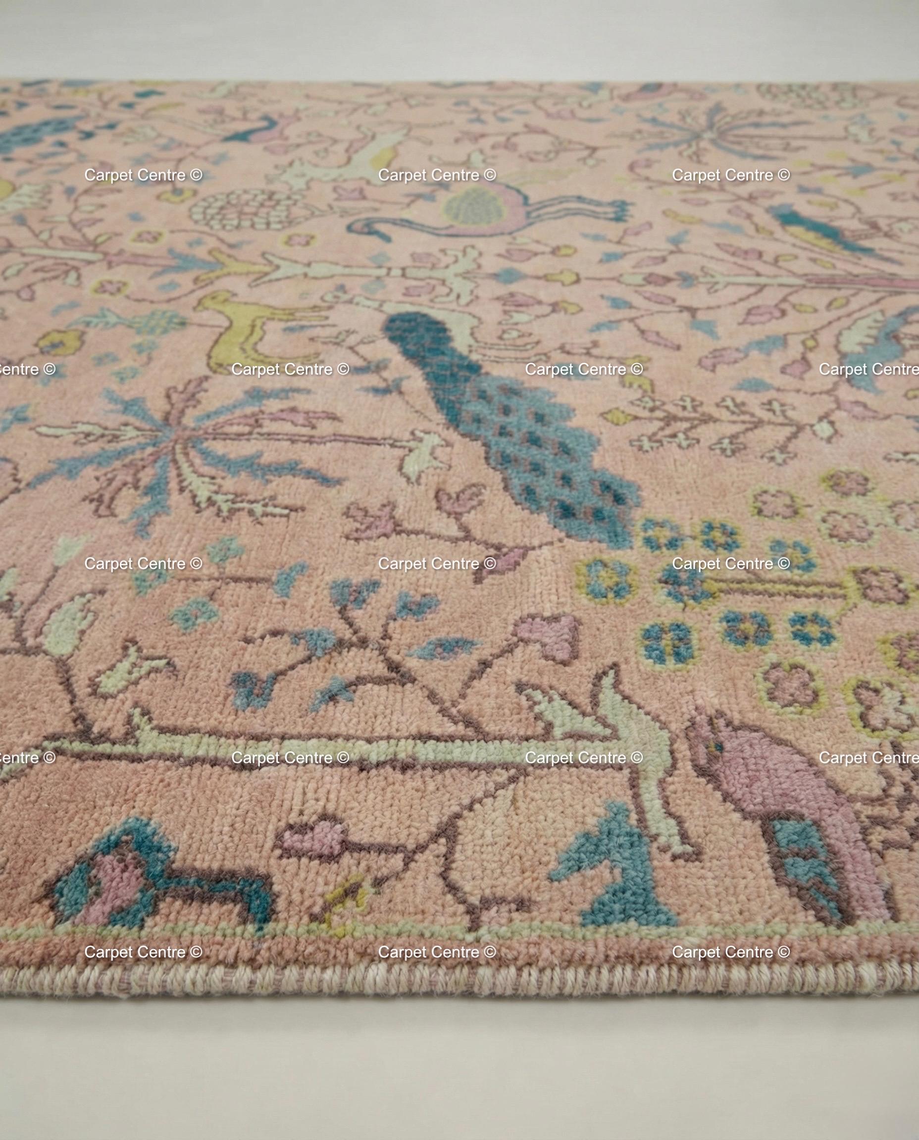 Blush Pink Wool Oushak Rug, Hand-Knotted Tree of Life Animal Nursery Rug