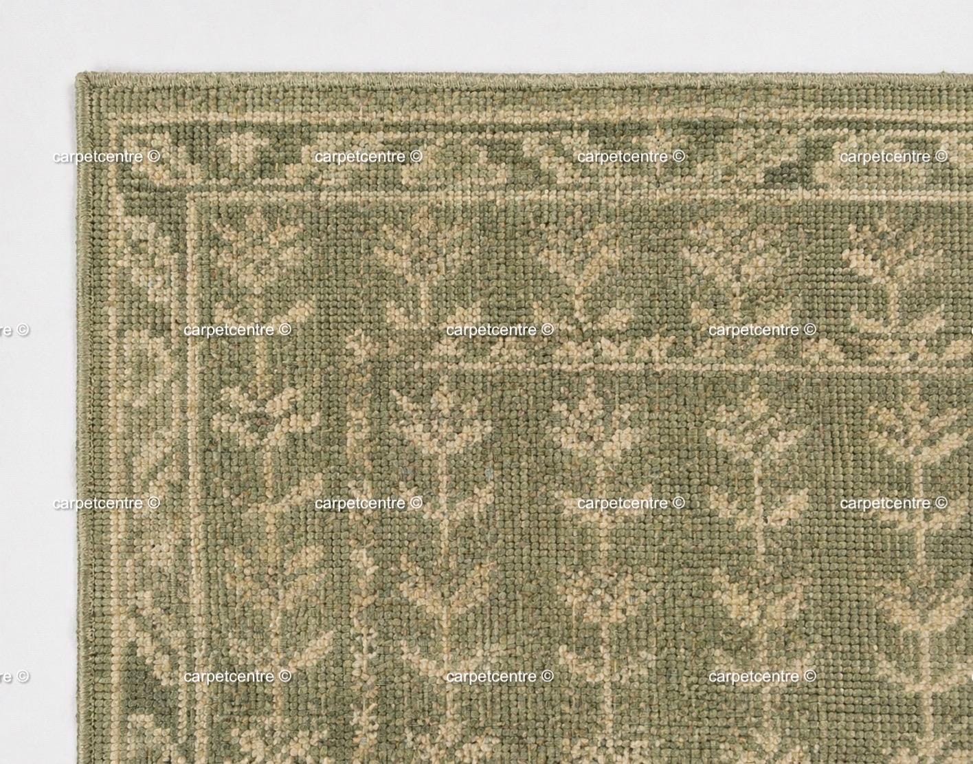 Handmade Sage Green Oushak Wool Rug: Distressed Floral Turkish Area Rug