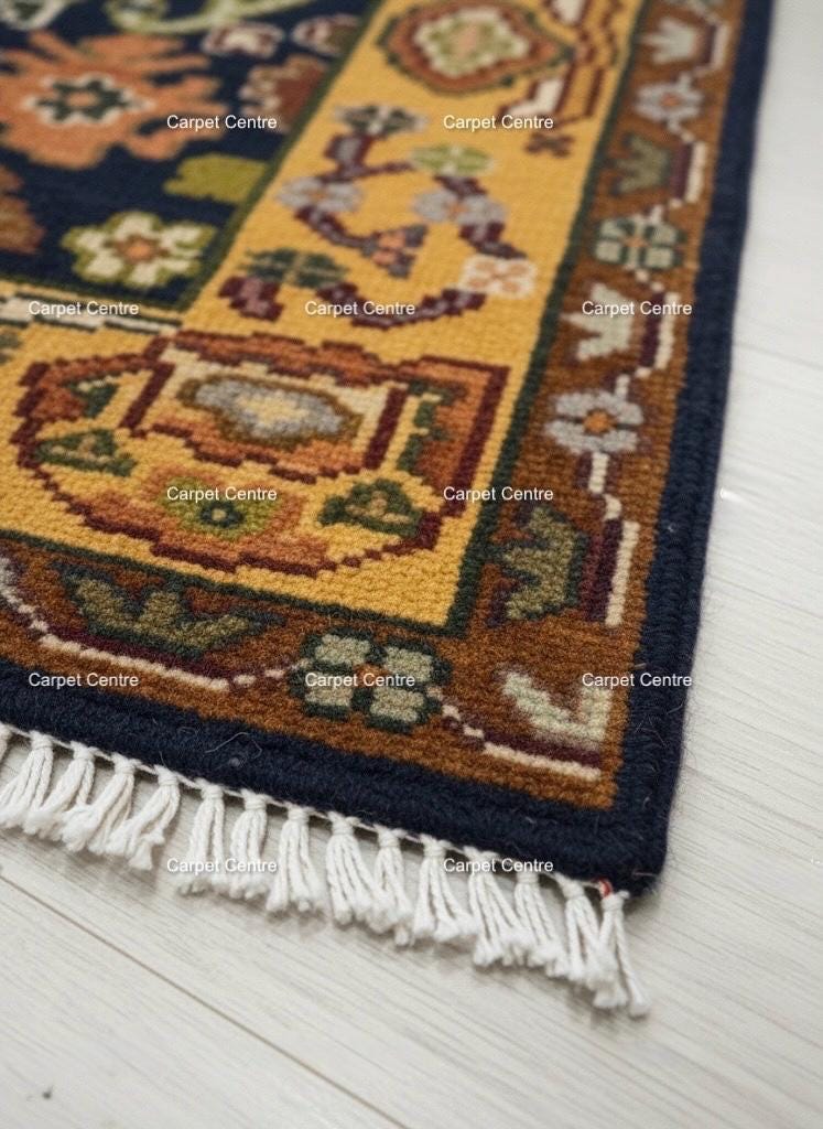 Navy Blue Oushak Rug, Hand-Knotted Wool Rug, Gold Border