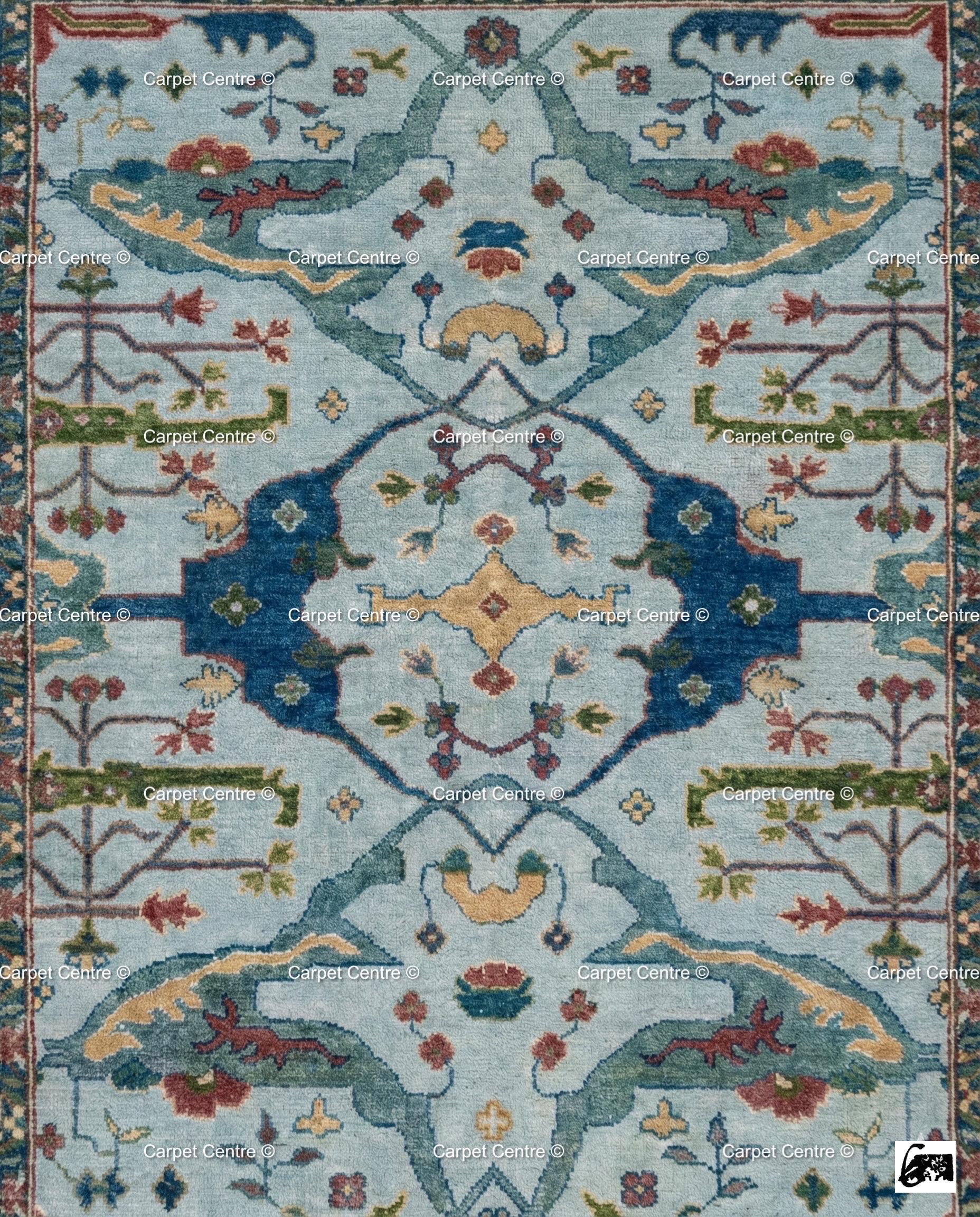 Hand Knotted Wool Oushak Rug, Geometric Serapi Style, Coastal Farmhouse