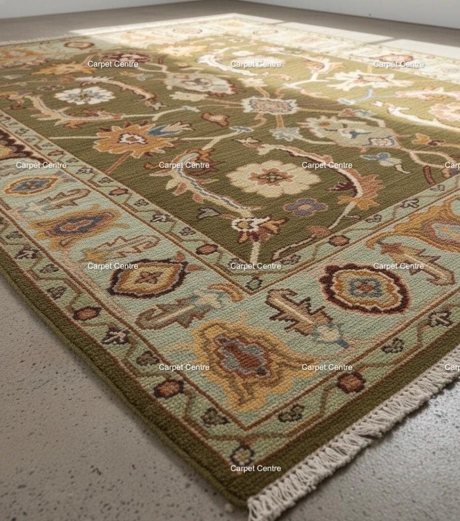 Hand Knotted Wool Rug, Olive Green Floral Carpet, Oriental Area Rug
