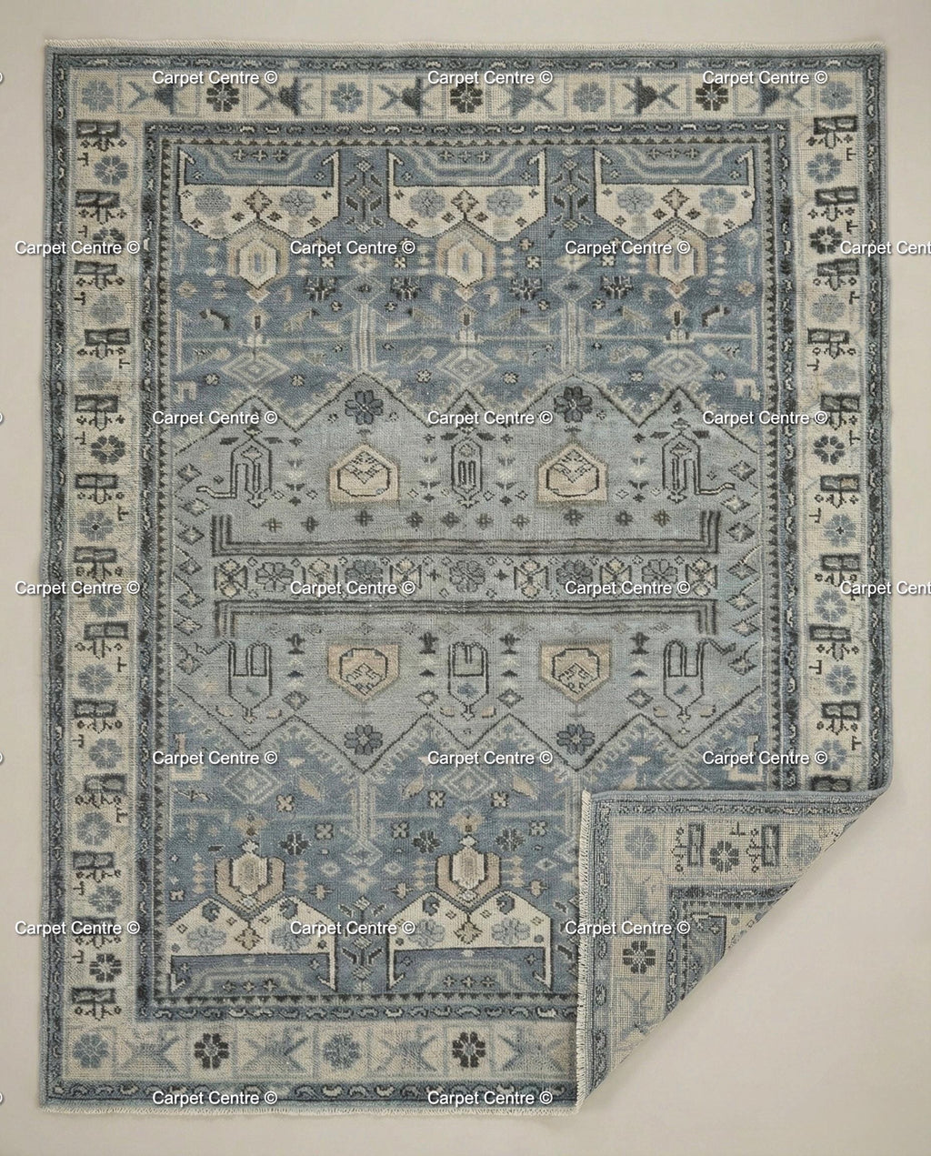 Hand-Knotted Wool Oushak Rug | Slate Blue Geometric Turkish Knot