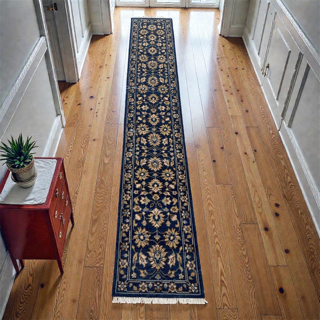 Hand-Knotted Wool Runner Rug | Navy Blue Oushak Floral Hallway Carpet